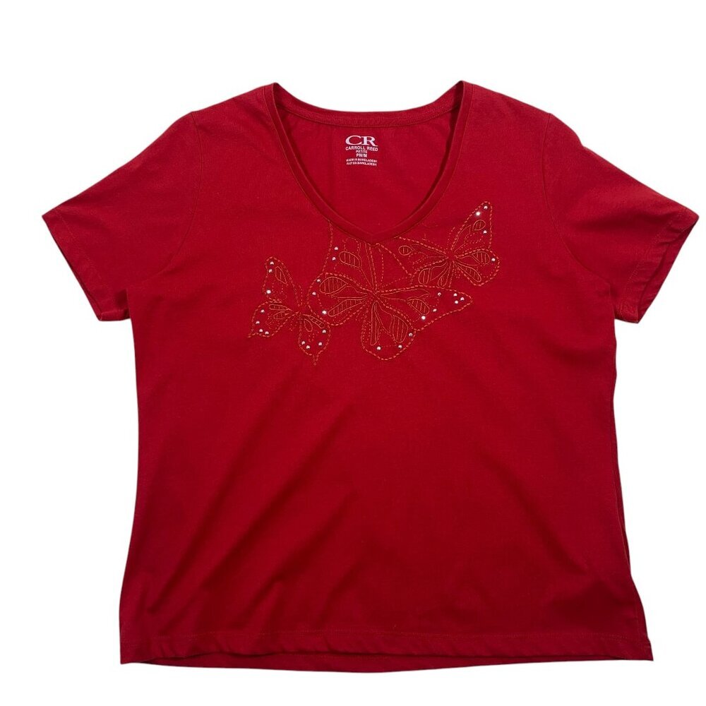 red v neck short sleeve t-shirt butterflies sz med  CAROLL REED